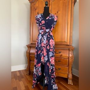 Eliza J High Low Dress with Tropical Flowers on Navy Blue